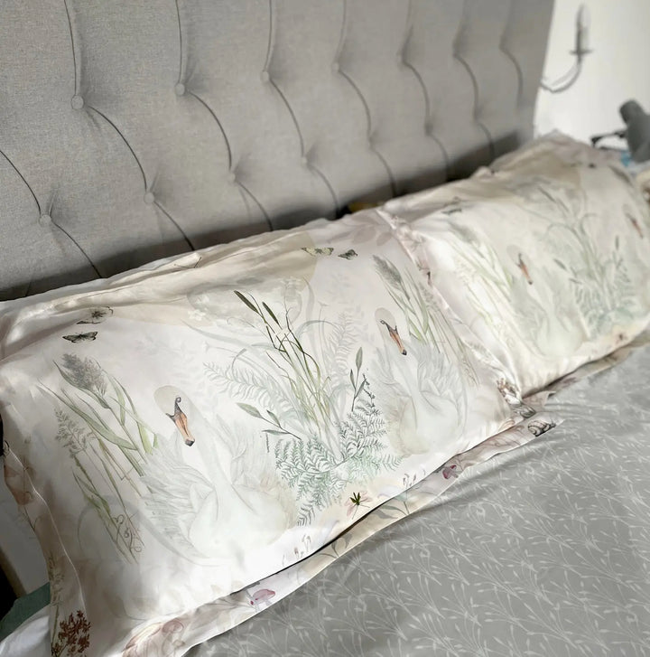 Hand painted 100% silk pillowcase with swans and foliage-creamy white Pattern: Graceful