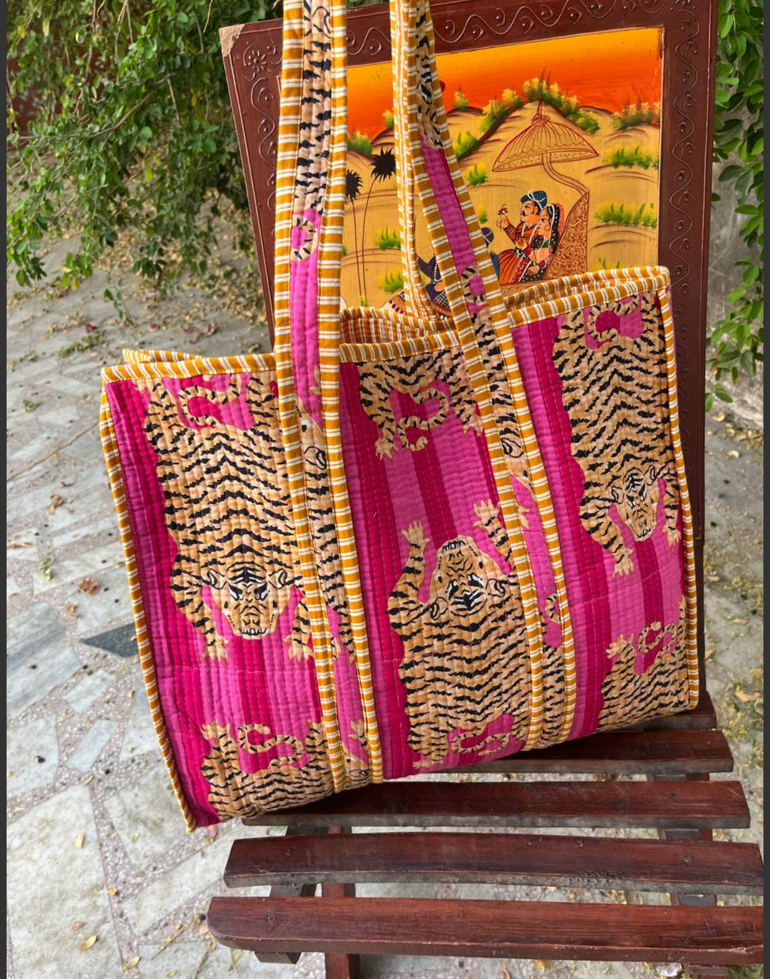 Hand Blocked Hot pink and Red-Tiger Tote