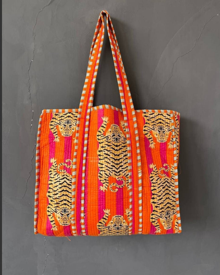 Exotic hand block printed tiger tote