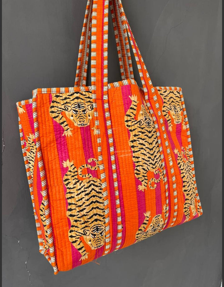 Exotic hand block printed tiger tote