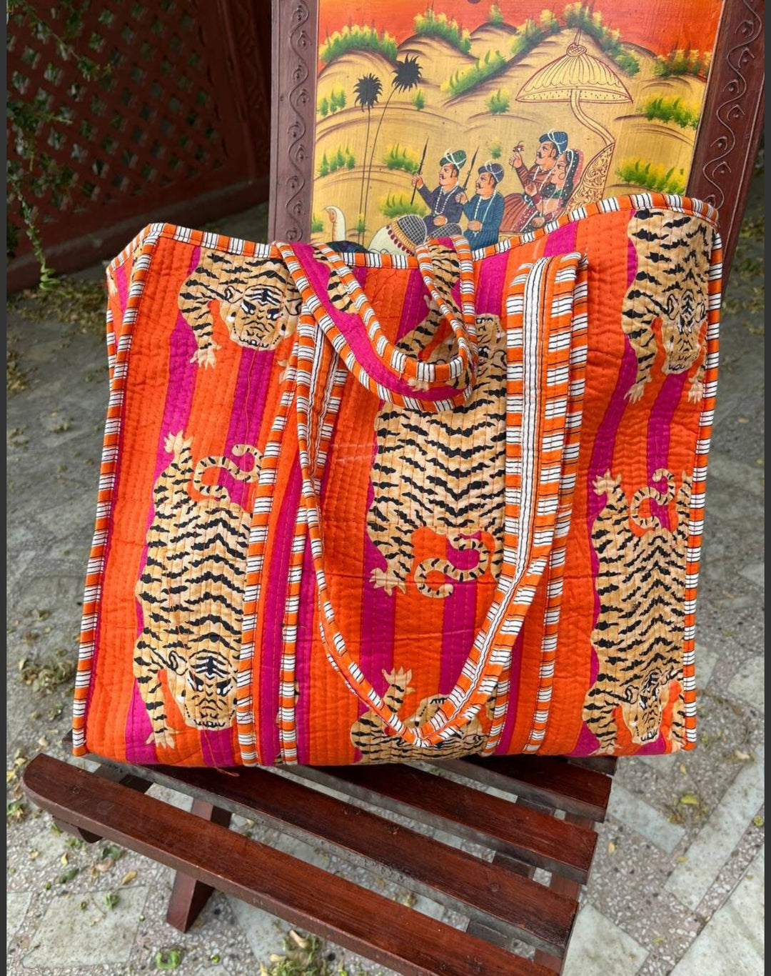 Exotic hand block printed tiger tote