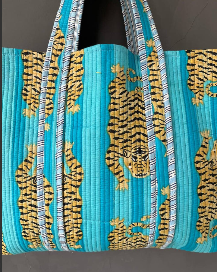 Hand Blocked Tiger Tote-Turquoise