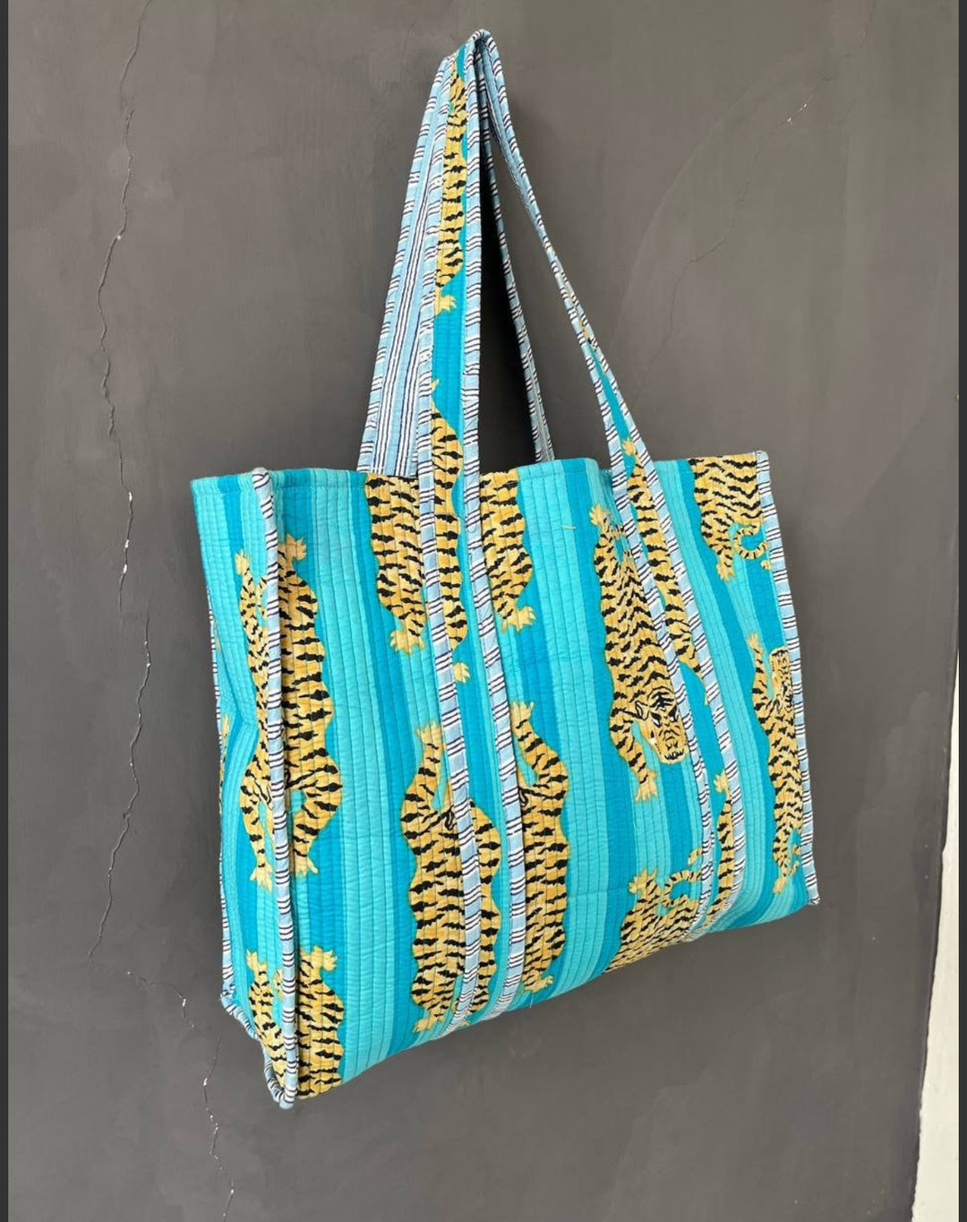 Hand Blocked Tiger Tote-Turquoise