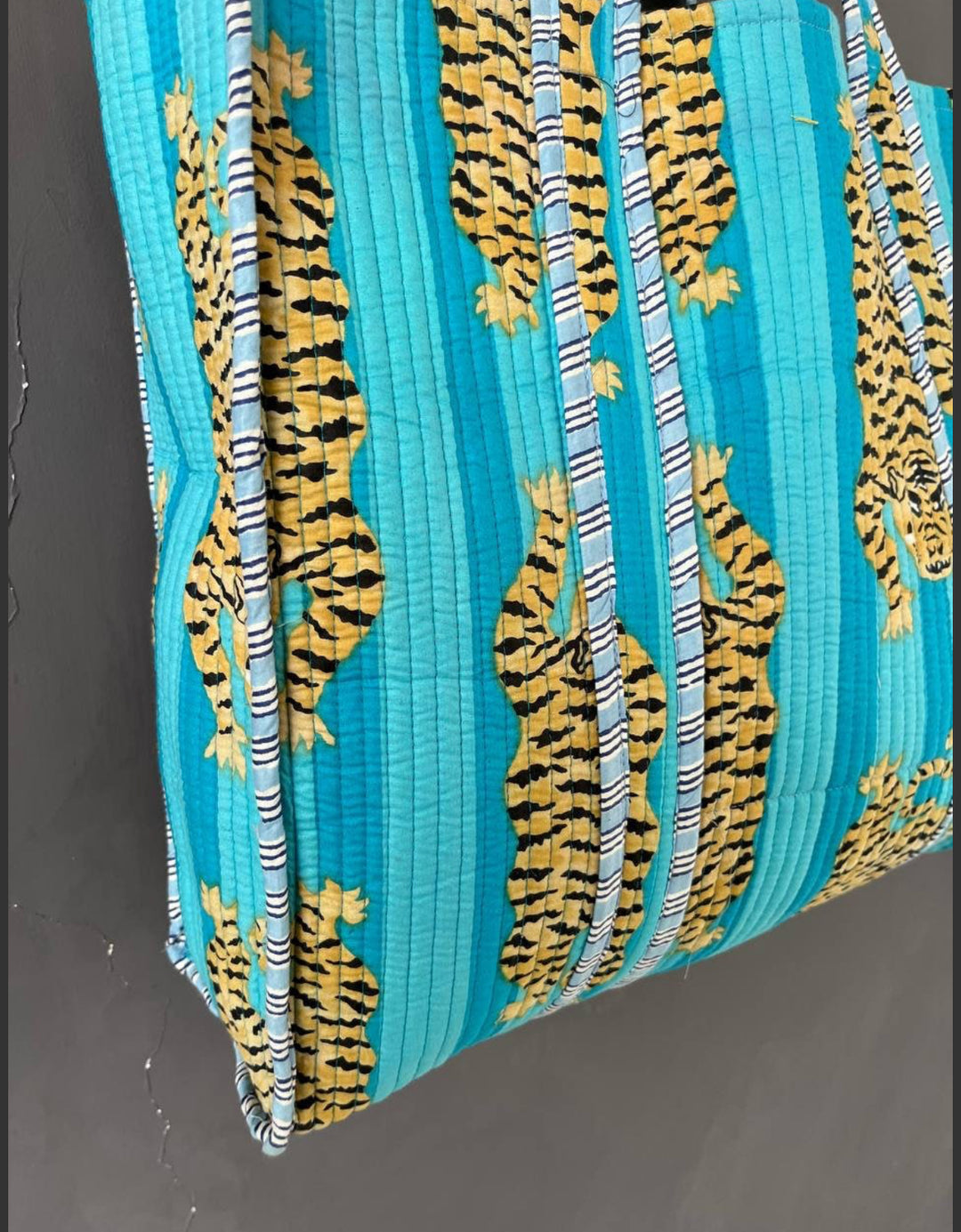 Hand Blocked Tiger Tote-Turquoise