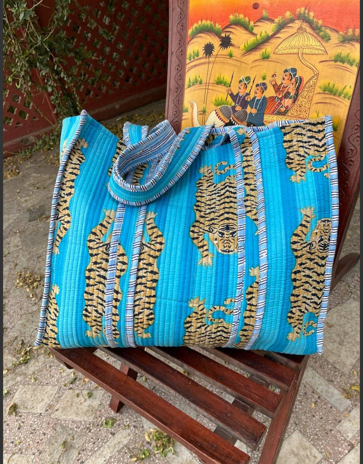 Hand Blocked Tiger Tote-Turquoise