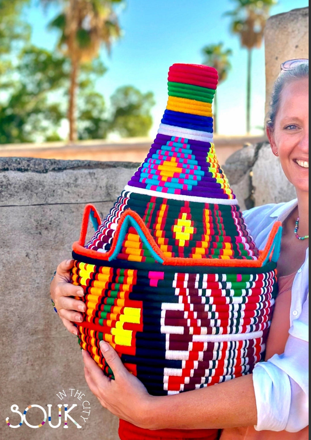 Large hand woven Berber Basket -multi colored