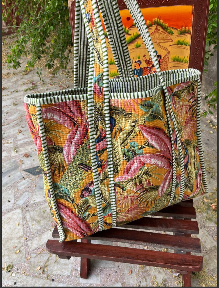 Tropical print Kantha block printed tote bag