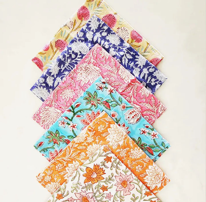 Hand block floral printed 100% cotton napkins-set of 6