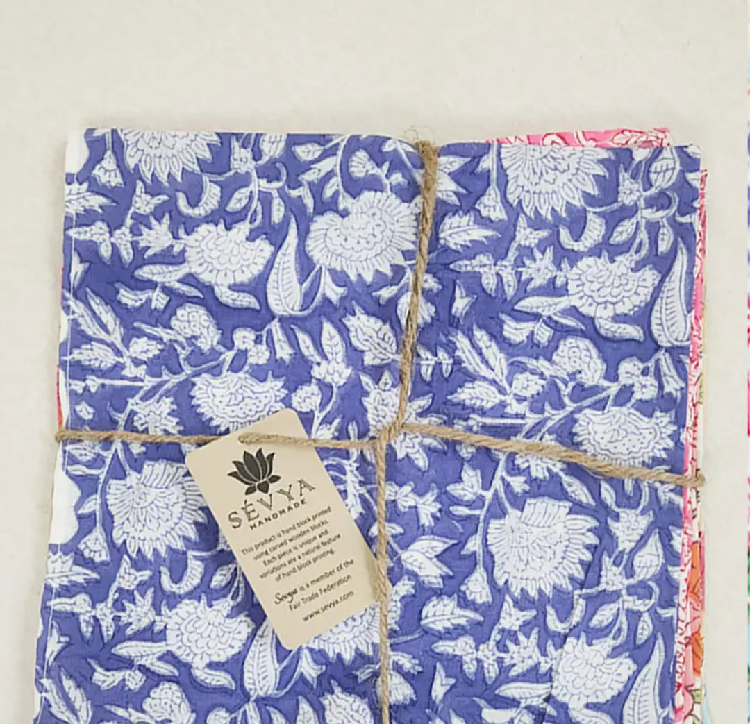 Hand block floral printed 100% cotton napkins-set of 6