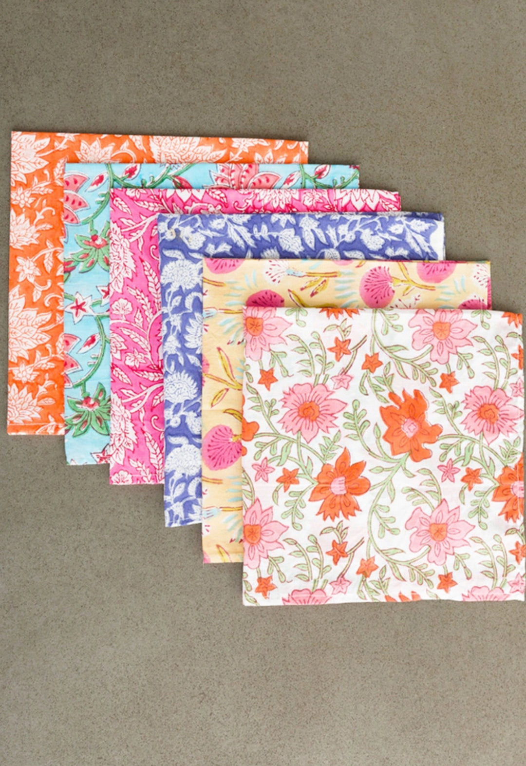 Hand block floral printed 100% cotton napkins-set of 6