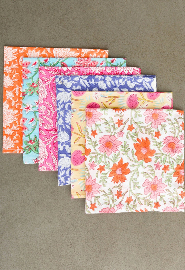 Hand block floral printed 100% cotton napkins-set of 6