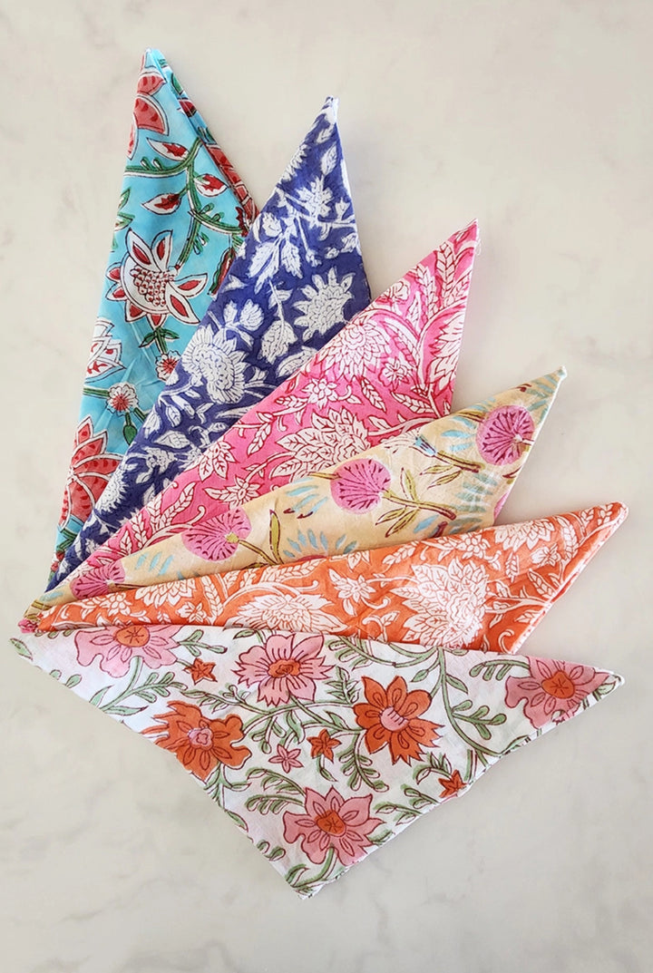 Hand block floral printed 100% cotton napkins-set of 6