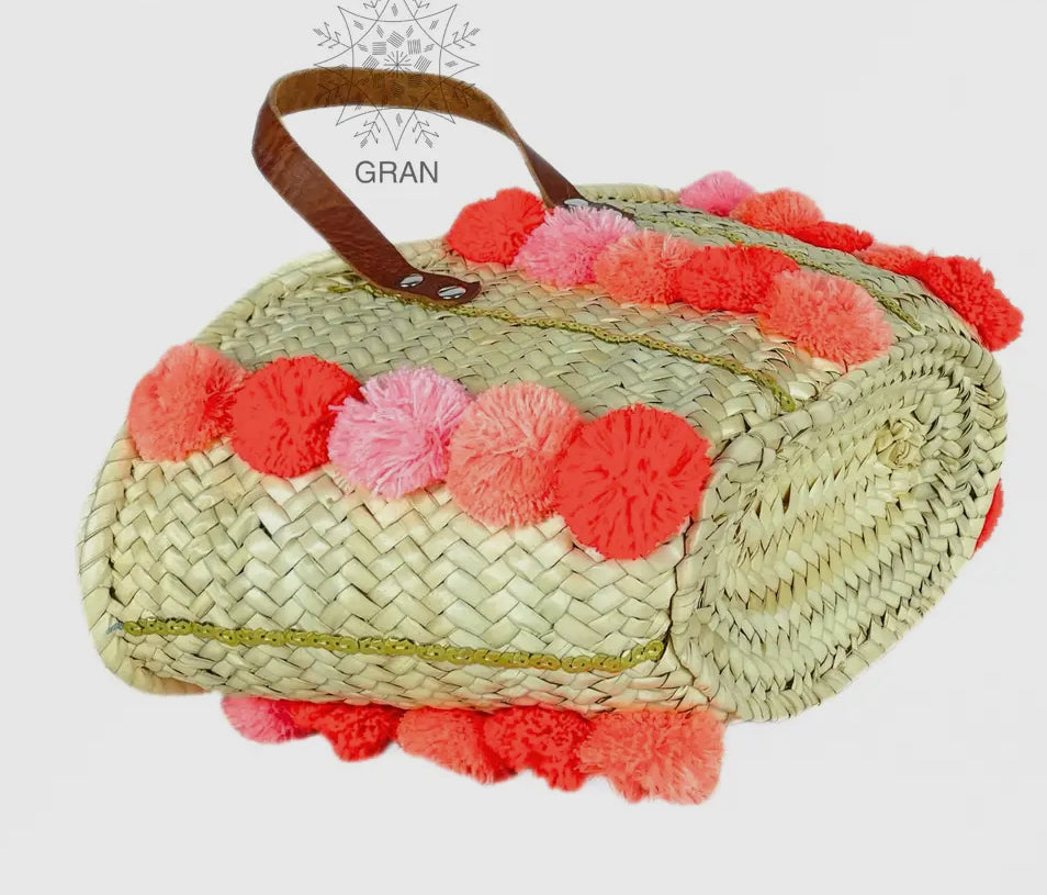 Pom Pom Hand Woven Straw Beach Bag Tote