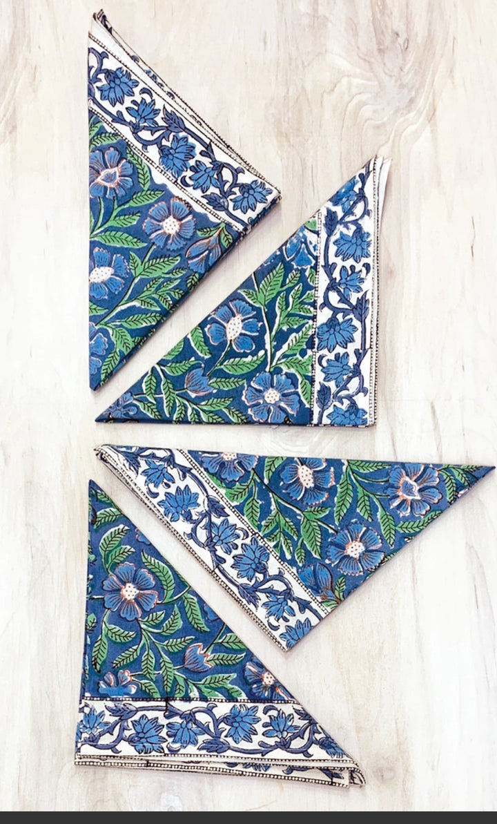 Blue and green 100% cotton hand block printed napkins set of 4