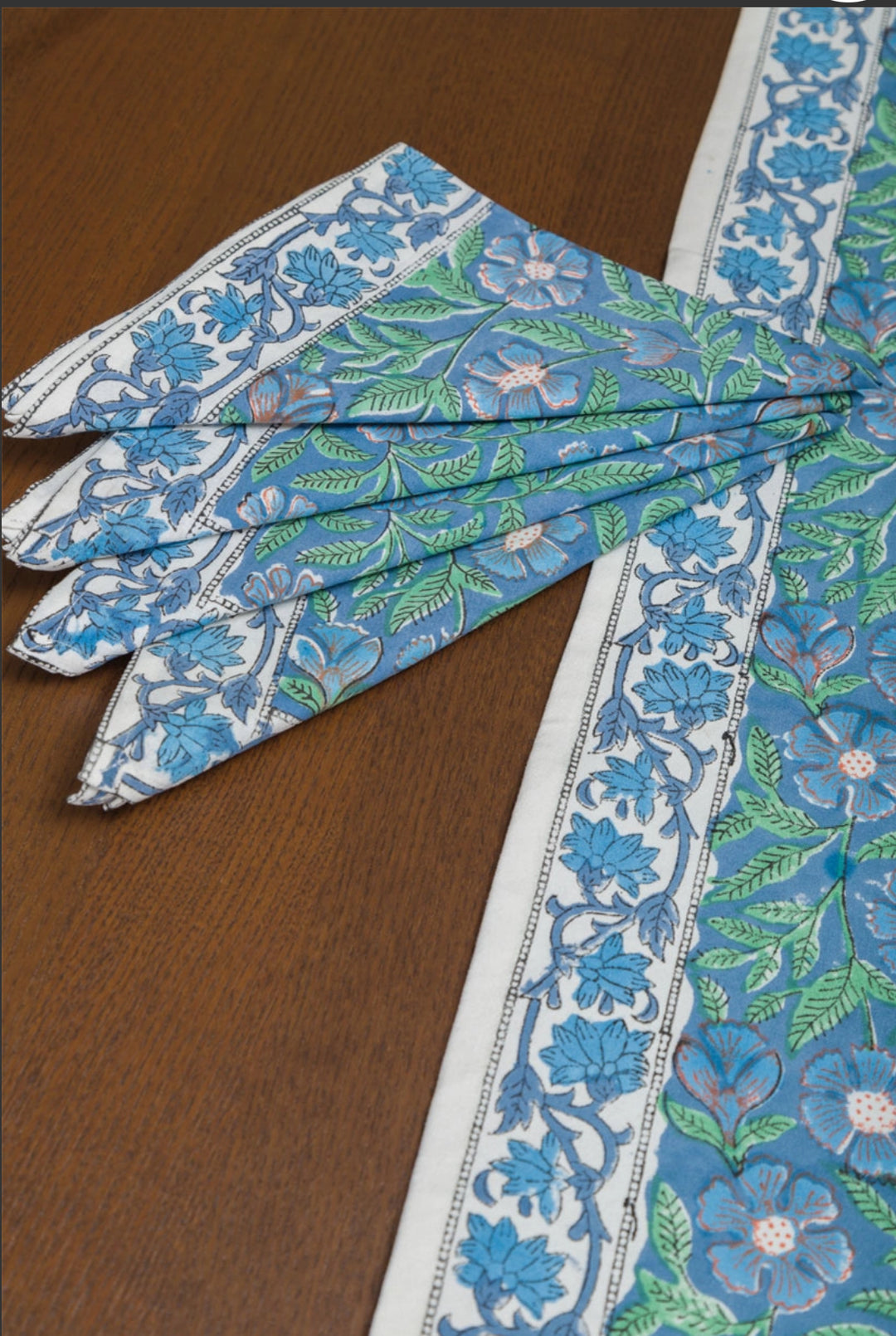 Blue and green 100% cotton hand block printed napkins set of 4