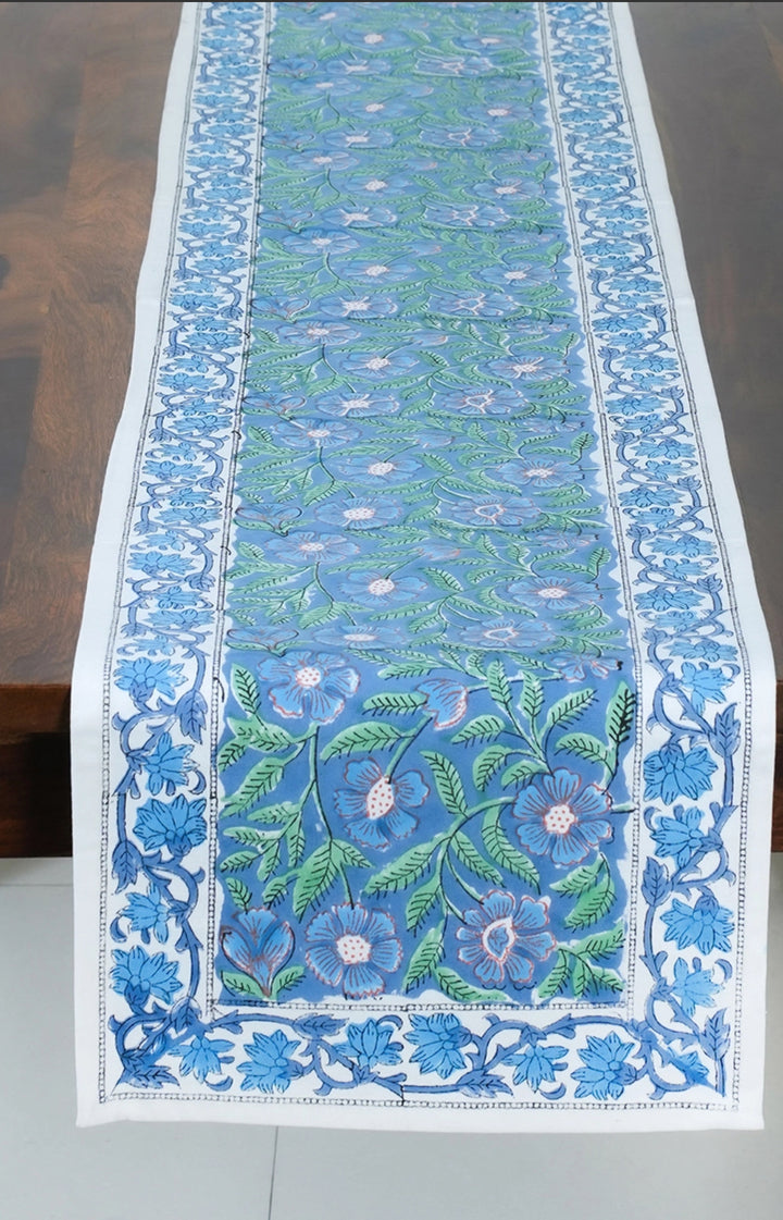 Blue and green 100% cotton block printed table runner