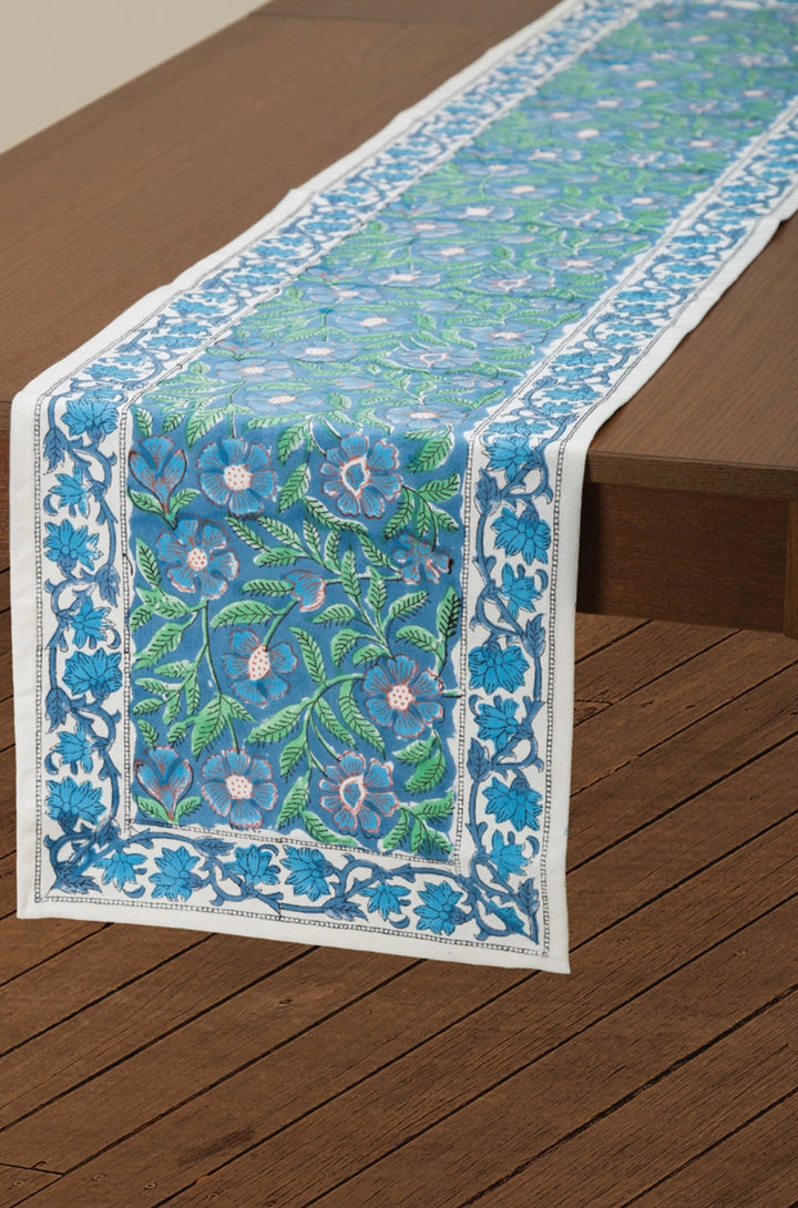 Blue and green 100% cotton block printed table runner