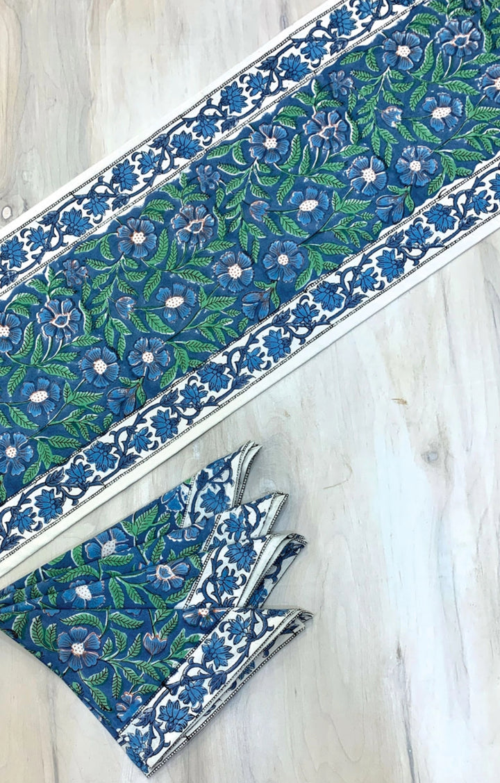 Blue and green 100% cotton block printed table runner