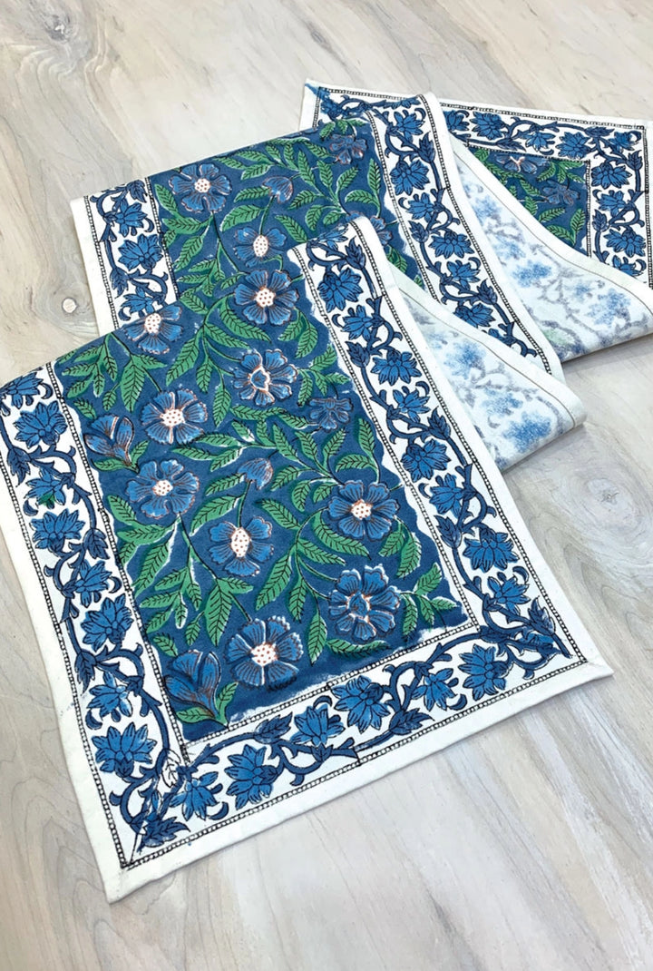 Blue and green 100% cotton block printed table runner