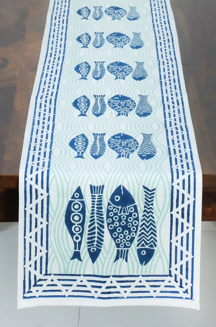 Fish pattern, 100% cotton block printed table runne-blue and white