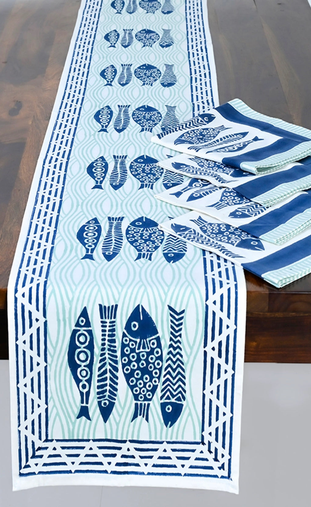 Fish pattern, 100% cotton block printed table runne-blue and white