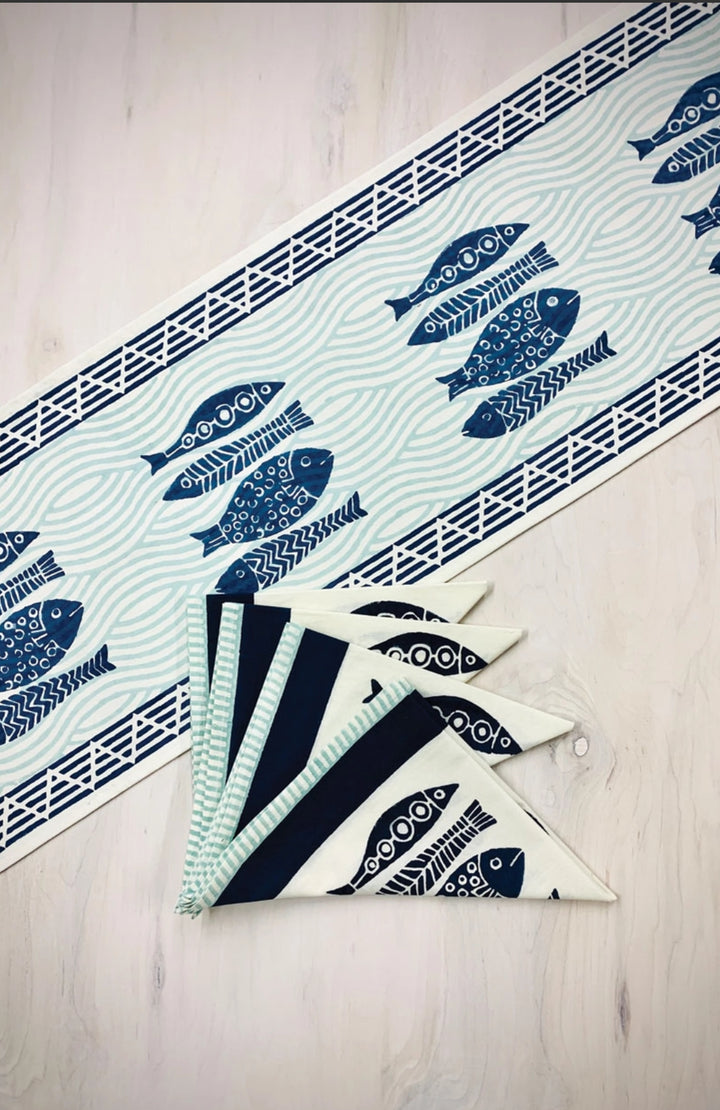 Fish pattern, 100% cotton block printed table runne-blue and white