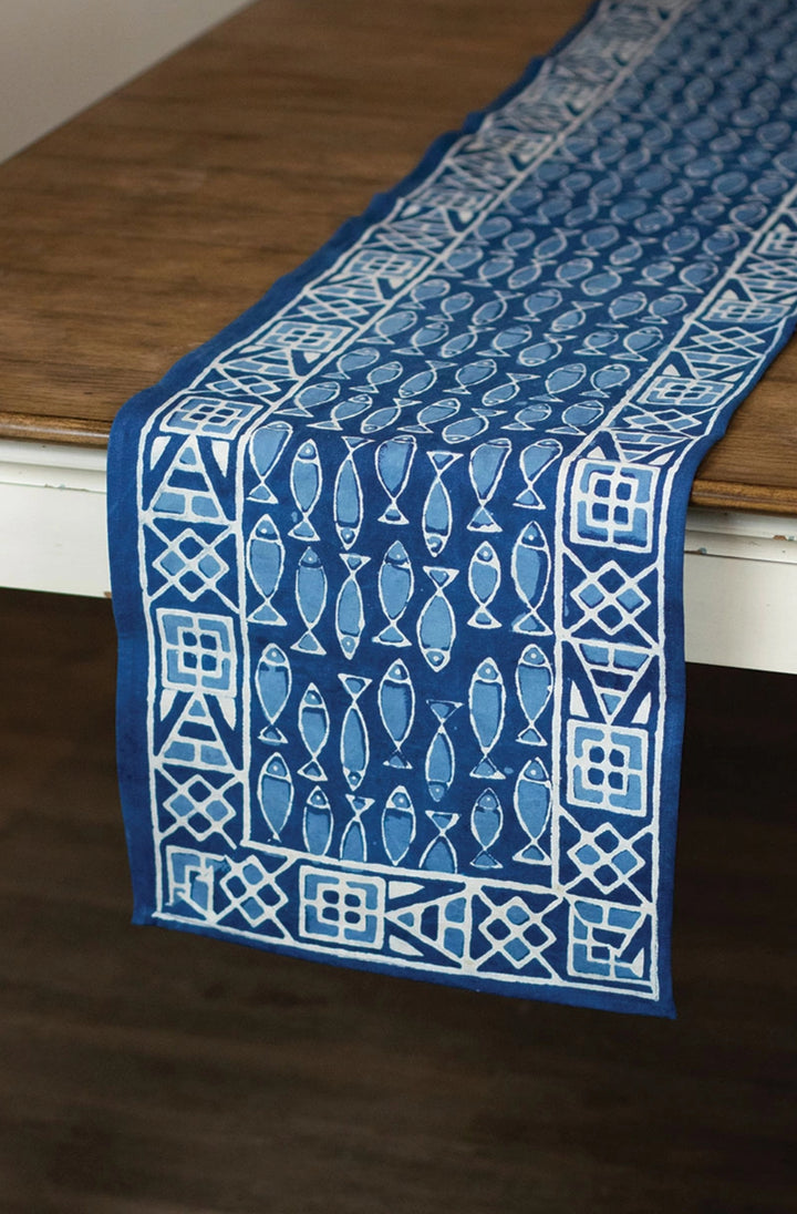 Indigo Blue and white hand block printed 100% cotton table runner with fish motif