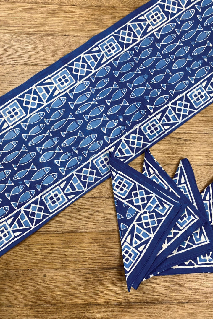 Indigo Blue and white hand block printed 100% cotton table runner with fish motif