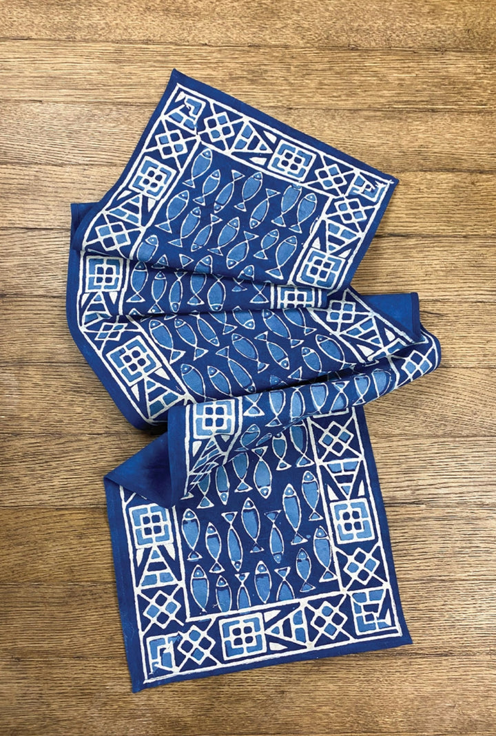 Indigo Blue and white hand block printed 100% cotton table runner with fish motif