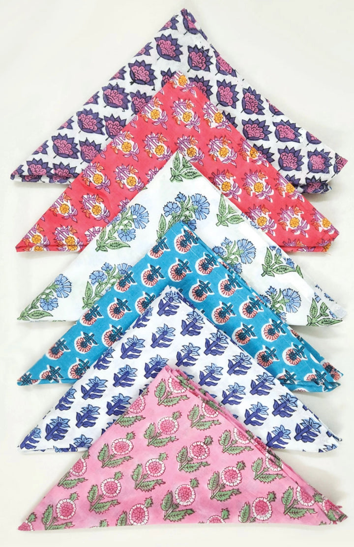 Multi colored set of 6 hand blocked 100% cotton napkins