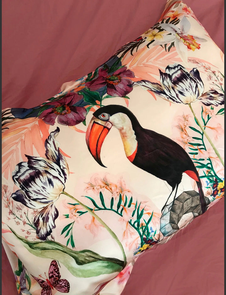 Tropical botanical 100% silk satin hand painted pillowcase-Eden print