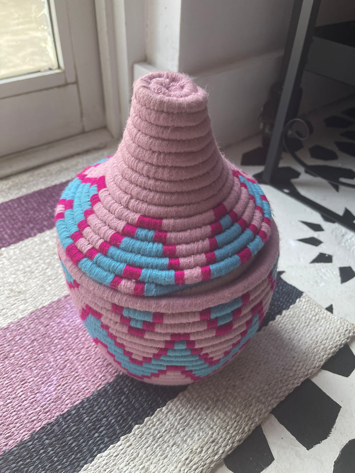 Small Berber basket -pink, turquoise and fuschia