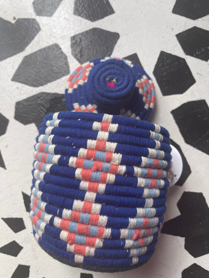 Small cobalt blue, pink and white Berber Basket