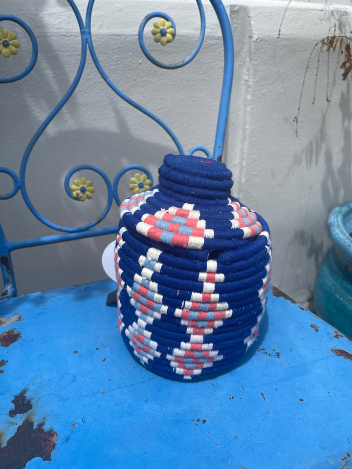 Small cobalt blue, pink and white Berber Basket