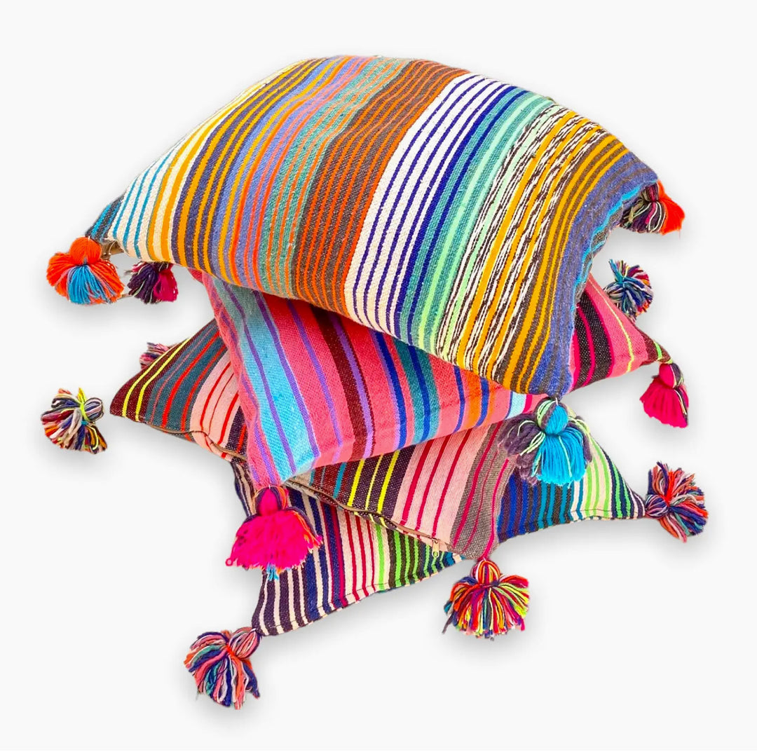 Mouira Multi Striped pillow with Pom Pom pillow made in Morocco