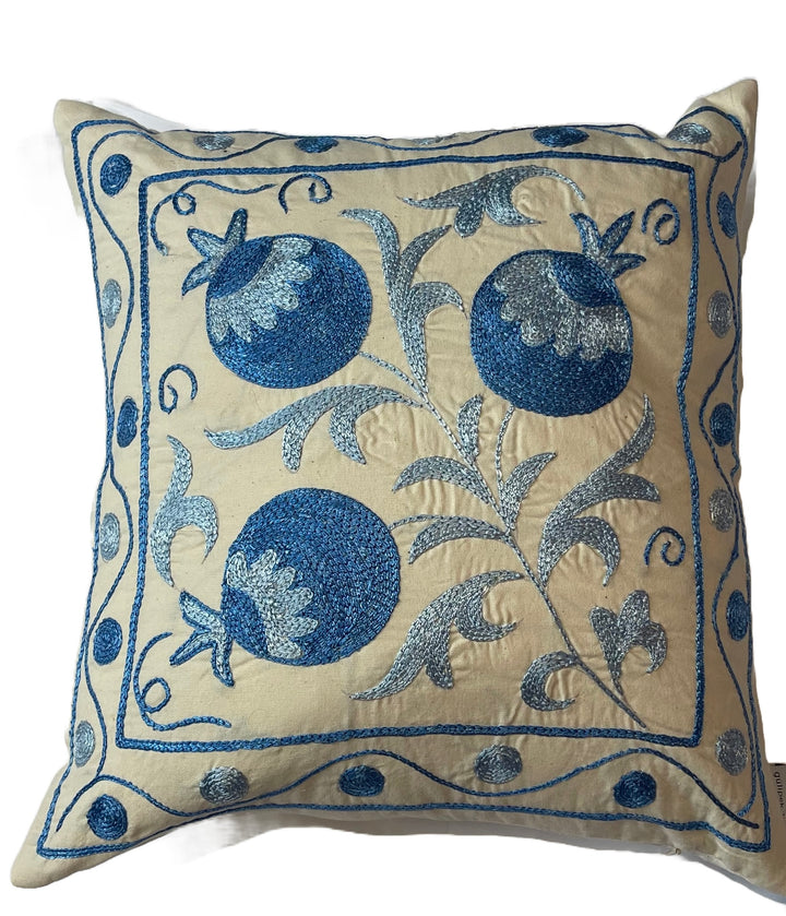 Hand embroidered Suzani throw pillow-Blue and white