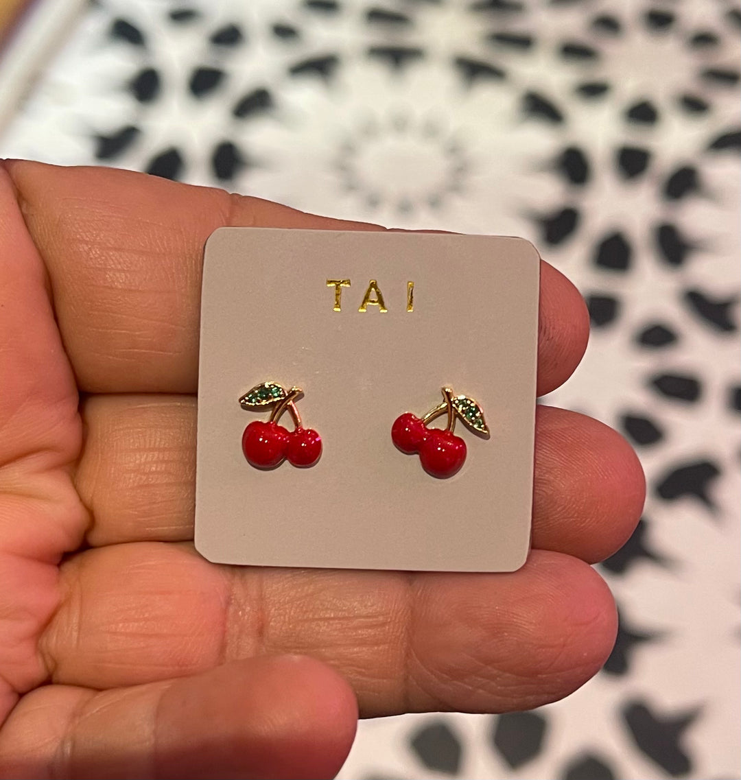 Red Cherry Stud Earrings in Enamel and Green Cz Accents