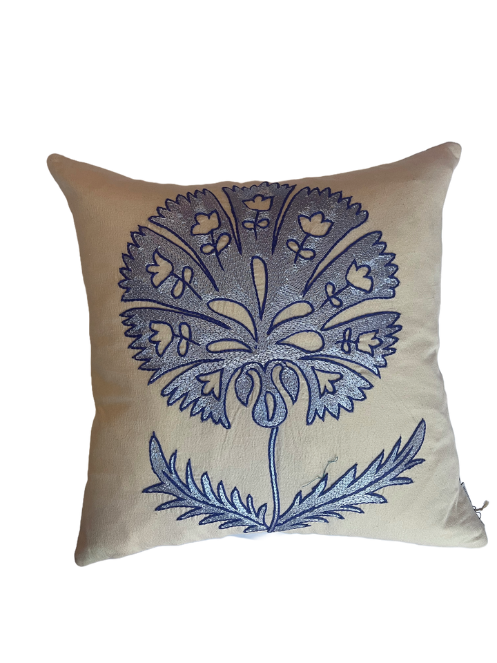 Hand Embroidered Suzani Throw pillow-periwinkle and cream.