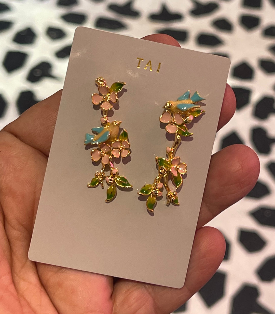 Enamel Birds and Flowers Dangle Earrings
