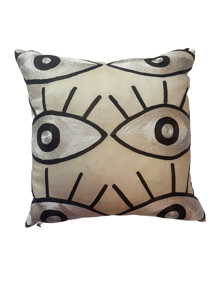 Evil Eye, hand embroidered throw pillow-black and cream.