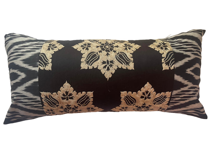 Hand Embroidered Suzani Lumbar pillow-Black and beige