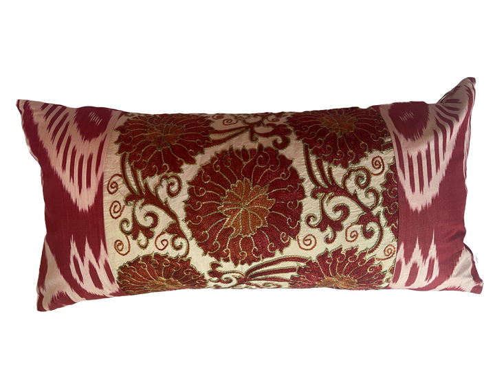 Hand Embroidered Silk Suzani lumbar pillow-rose and cream