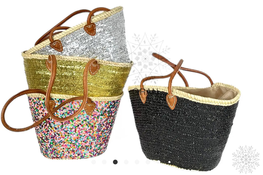 Sequin and Straw Market Tote Bag-Gold