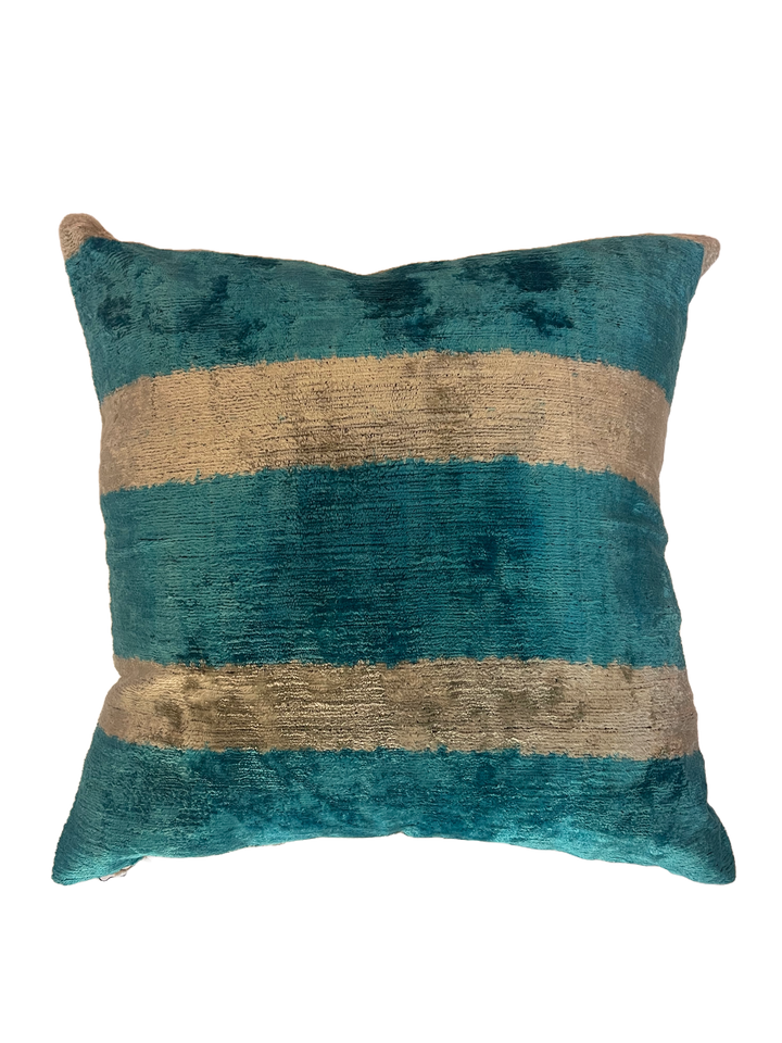 Graphic turquoise and cream silk velvet throw pillow