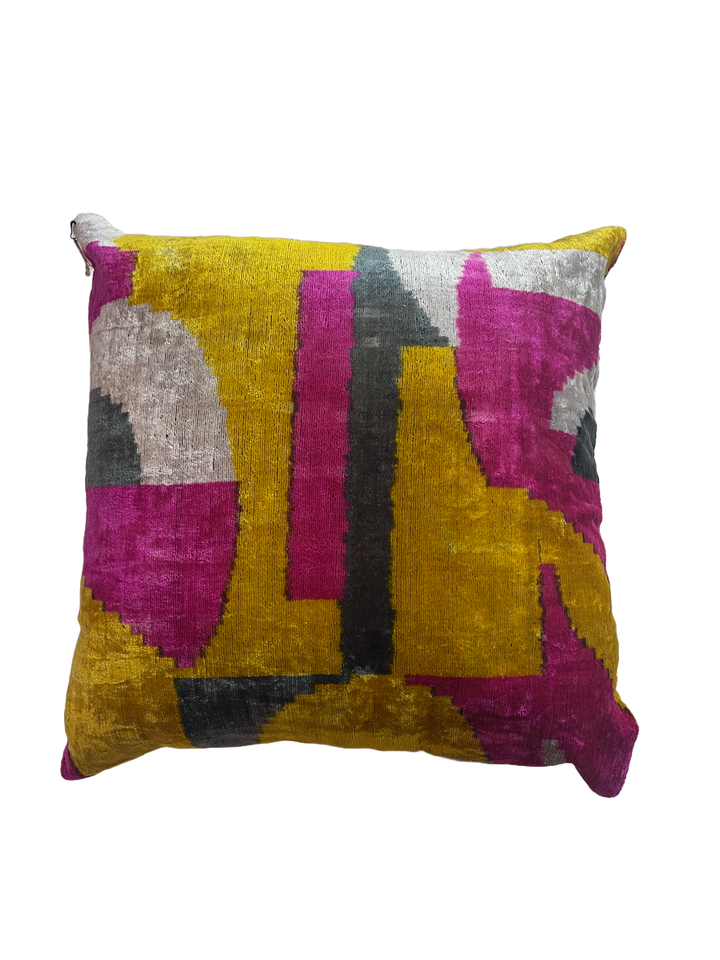 Graphic yellow and hot pink 100% silk velvet throw pillow