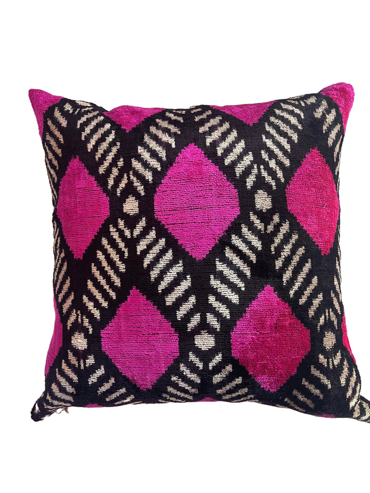 Hot pink and black graphic 100% silk velvet throw pillow