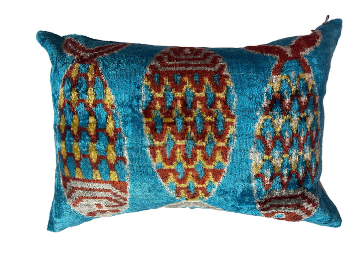 Graphic fish patterned 100% silk velvet lumbar pillow