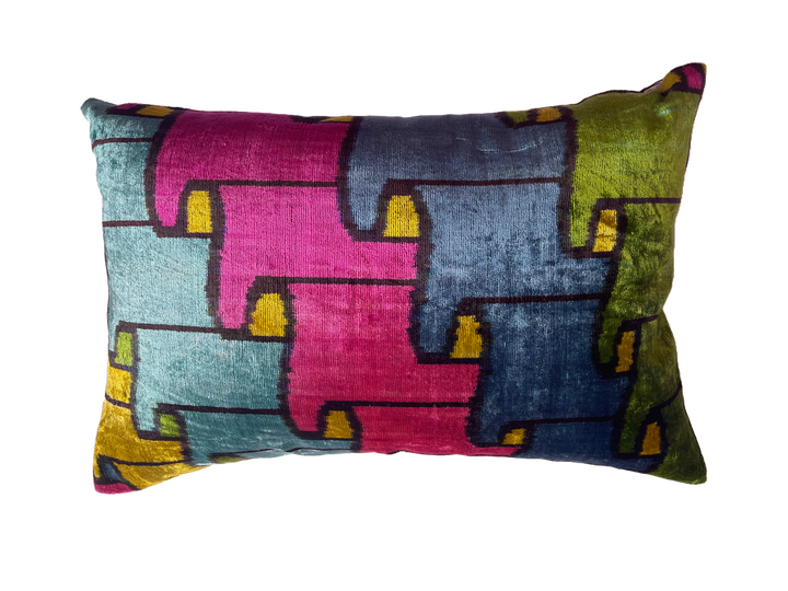 Graphic multi colored 100% silk velvet lumbar pillow