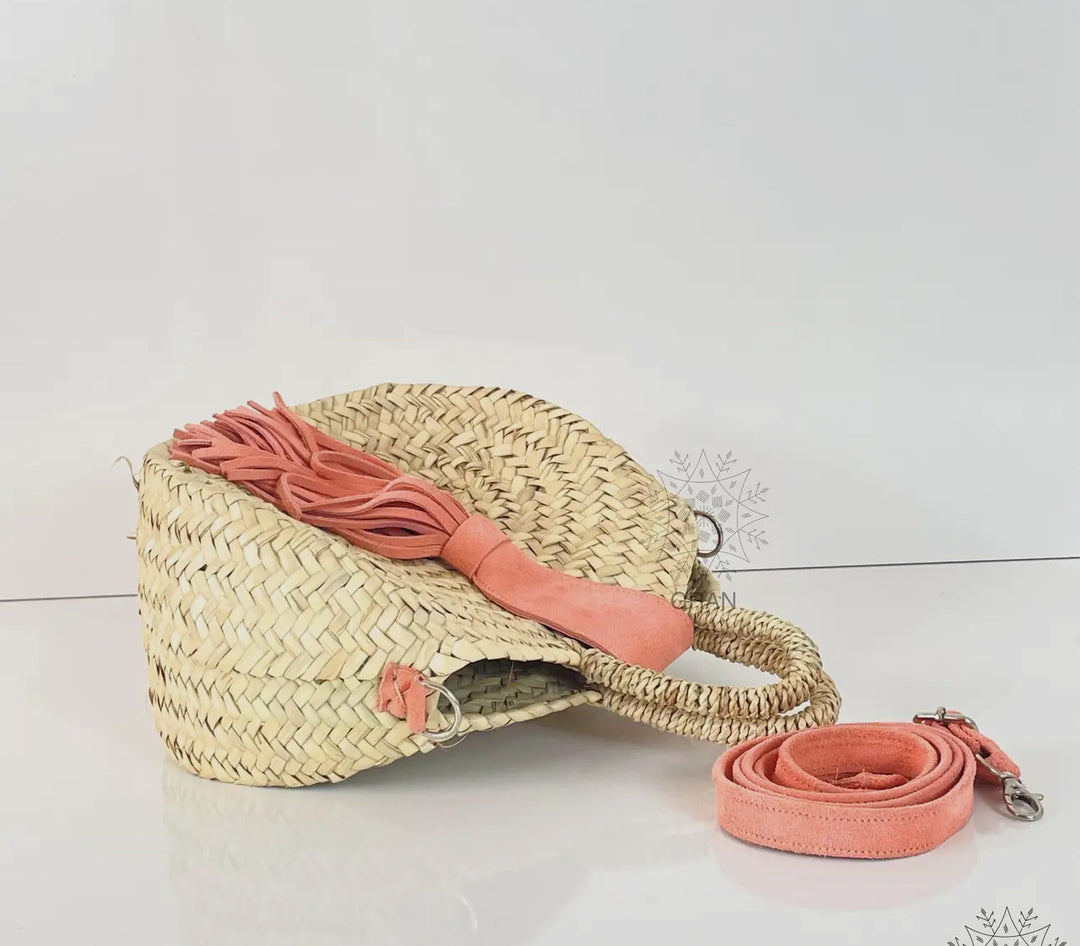 Round Straw Crossbody Bag with Leather Tassel