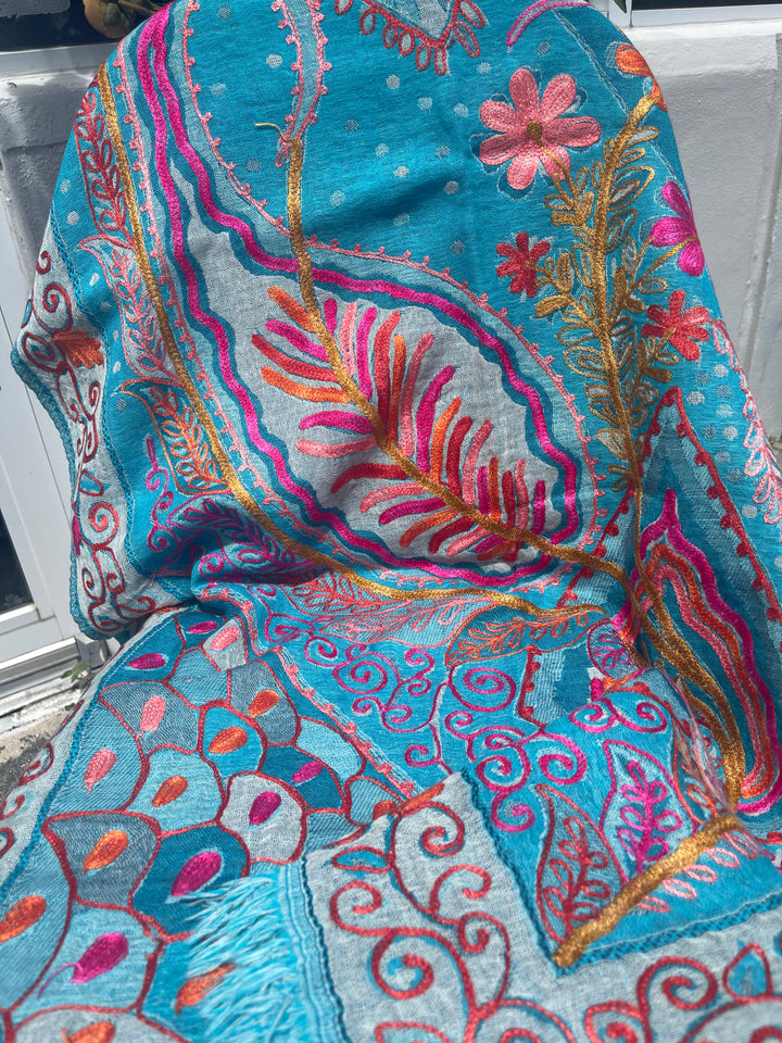 Pashmina, Turquoise/multi colored silk and cashmere scarf, bed runner, throw